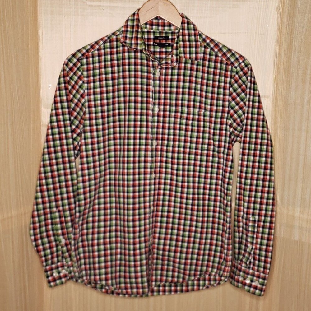 Gap Mens Classic Fit Green Orange Plaid Button Down Small